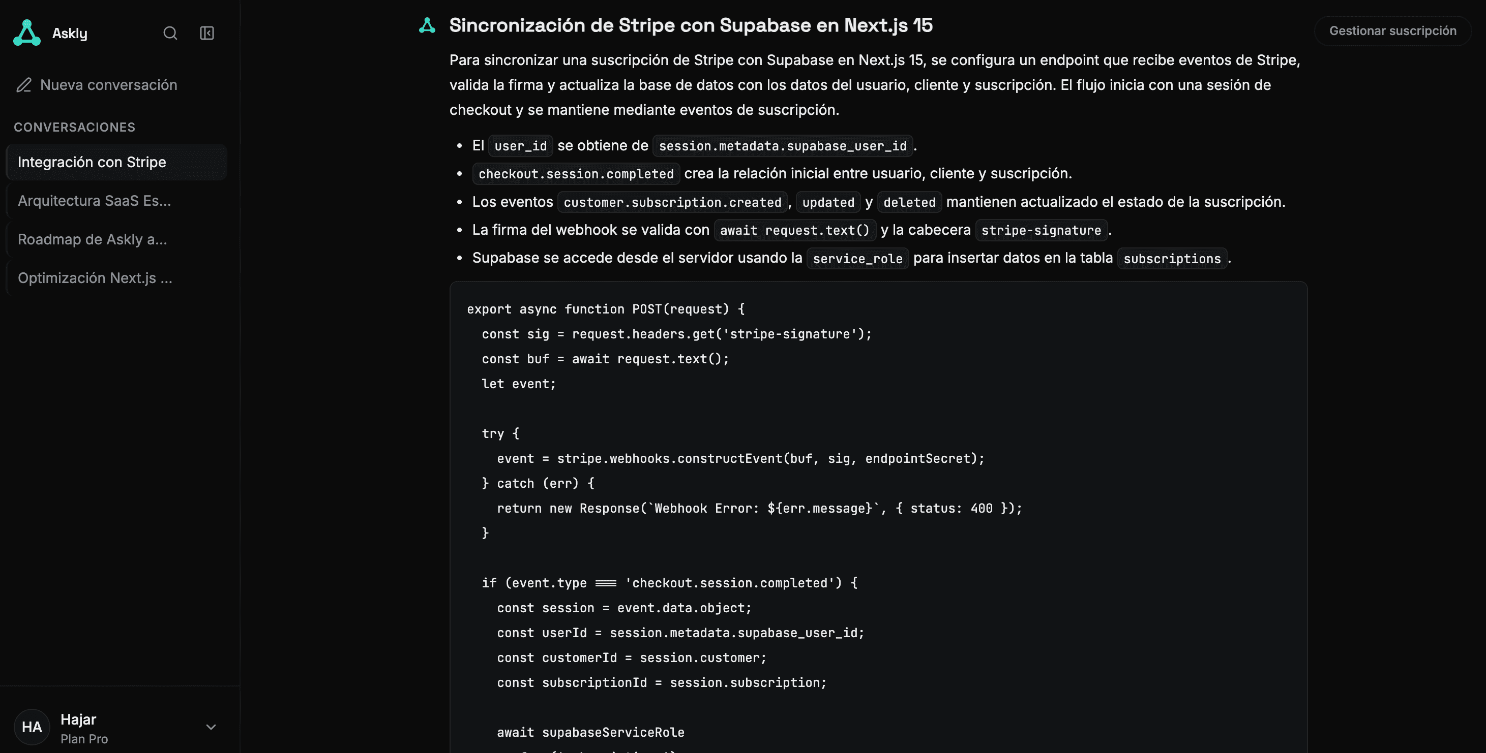 Conversación de Askly sobre la integración de Stripe y Supabase, con el Plan Pro activo.