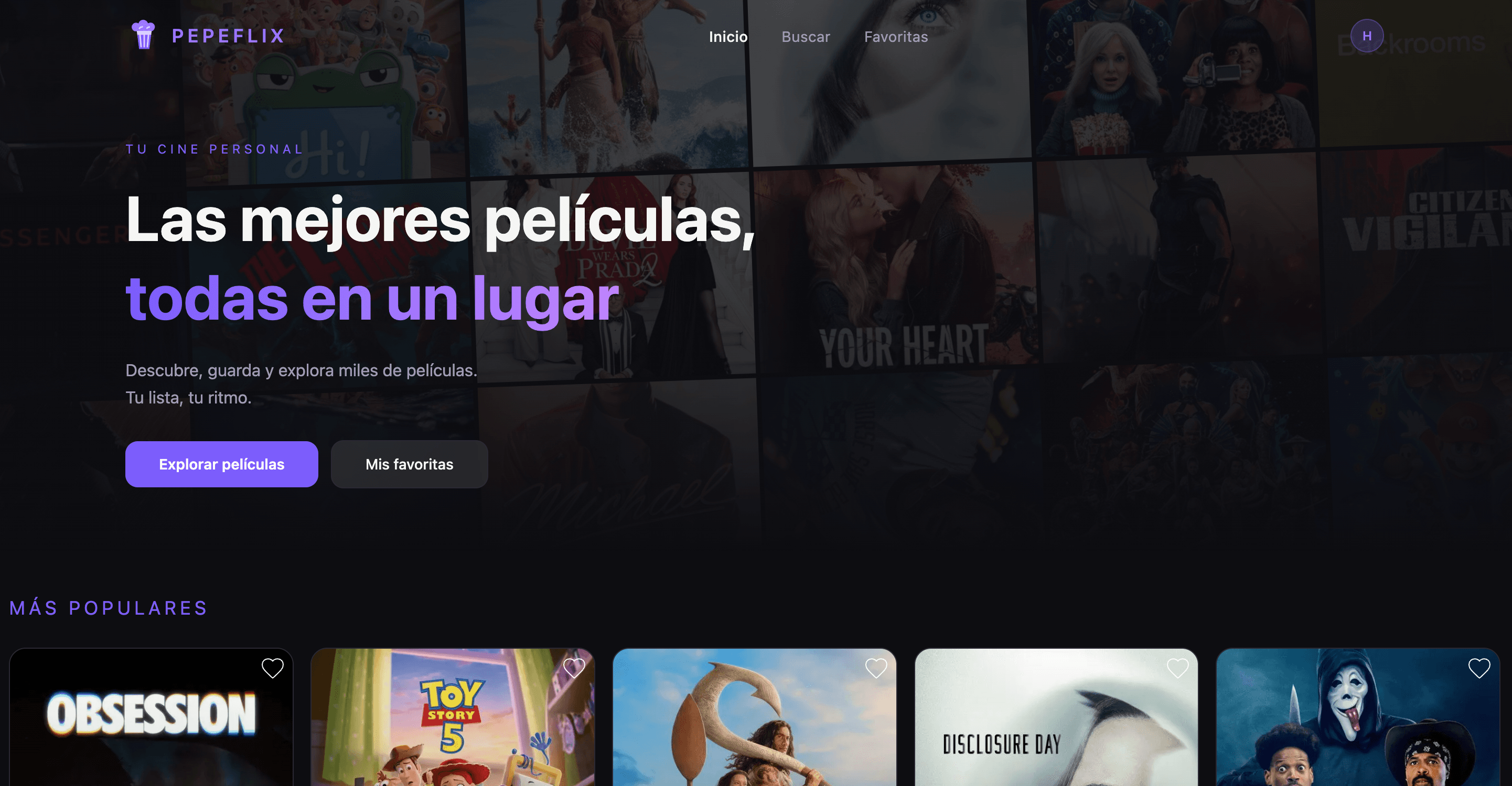 Portada de PepeFlix con películas populares y accesos a búsqueda y favoritos.